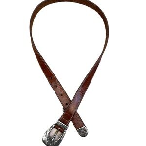 Women’s Vintage Brown Leather Belt with Silver Floral Details on Hardware